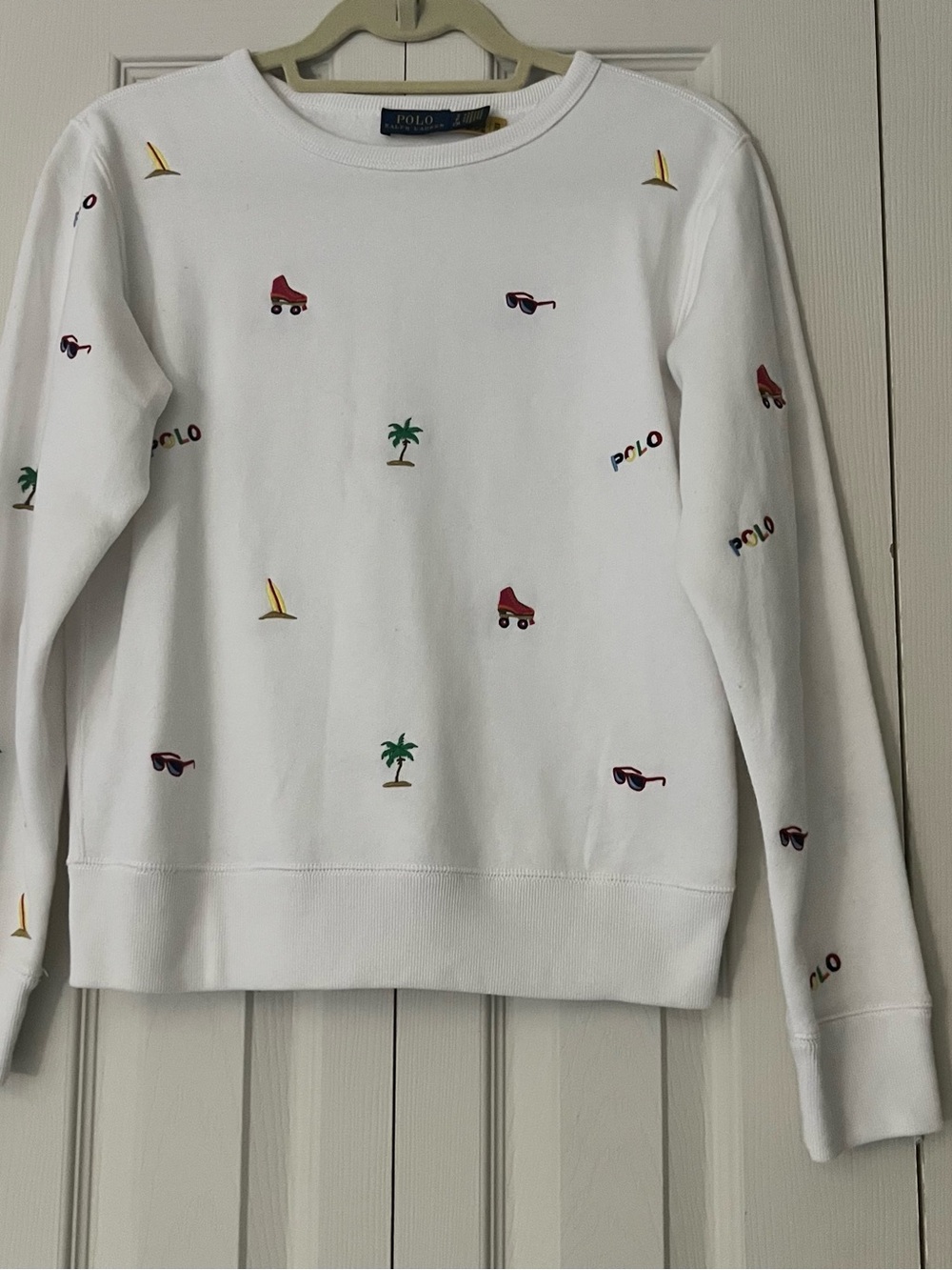 Polo by Ralph Lauren White Crewneck Sweater with Colorful Embroidered Icons